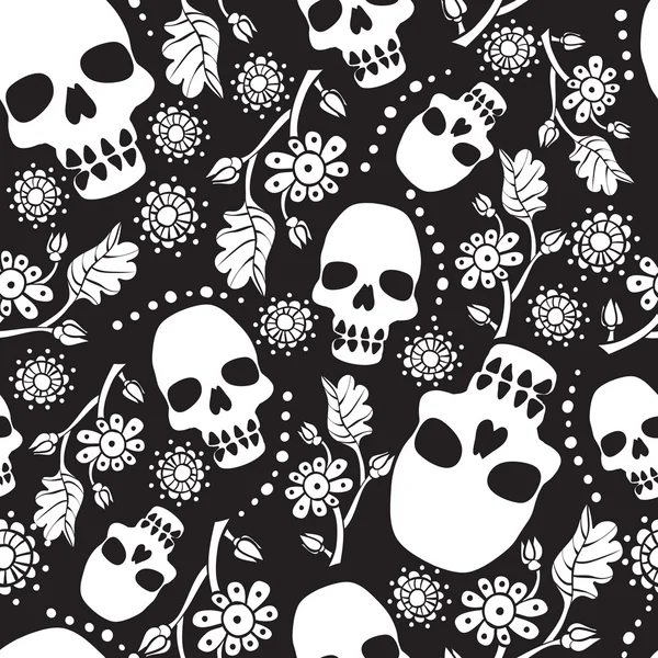 Black and white seamless pattern with flowers and skulls. Black background. — Stock Vector