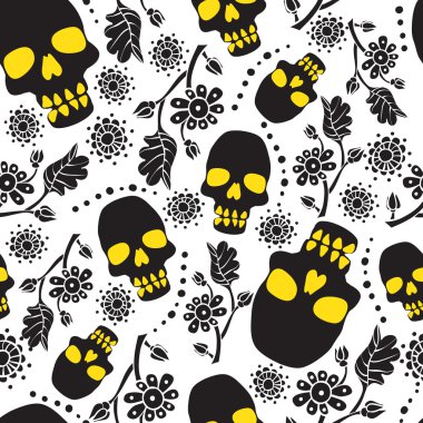 Siyah ve beyaz çiçekler ve kafatasları ile seamless modeli. Beyaz arka plan.