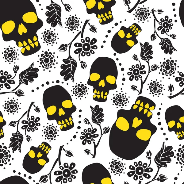 Siyah ve beyaz çiçekler ve kafatasları ile seamless modeli. Beyaz arka plan.