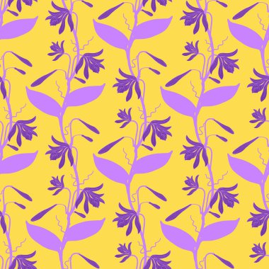 Sarı arka planda el çizimi vannilla orkidesi çiçekleri olan mor, dikişsiz desen. Stok vektörü
