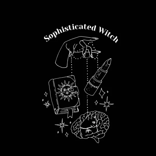 白线艺术巫术和魔法印刷文字Sophissophisticated女巫在黑色背景 矢量深奥的印刷品 — 图库矢量图片