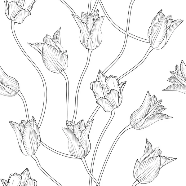 Padrão Sem Costura Floral Monocromático Com Flores Tulipa Desenhadas Mão — Vetor de Stock