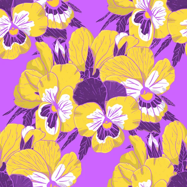 Motif Floral Sans Couture Coloré Avec Des Fleurs Pansées Dessinées — Image vectorielle