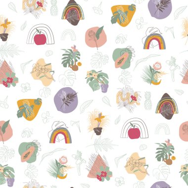 Boho kentsel orman tropik bitkilerinin kusursuz desenleri. El çizimi düz vektör.