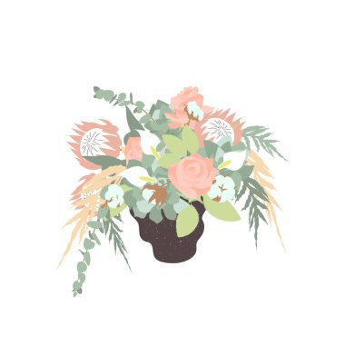 Zarif el çizimi pastel boho buketi dokulu bir vazoda. Beyaz arka planda izole edilmiş. Stok vektör illüstrasyonu.