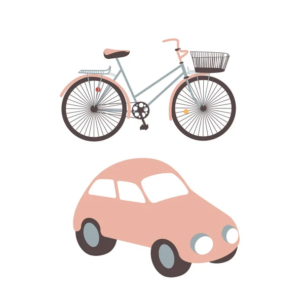 エレガントな手描きのパステルクリパートセット 小さなピンクのヴィンテージ車とヒップスター自転車 白い背景に隔離されている ストックベクトルイラスト — ストックベクタ