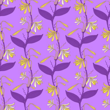 Elle çizilmiş sarı Vannilla orkidesi çiçekleri ile mor arkaplanda renksiz çiçek deseni. Stok vektör illüstrasyonu.