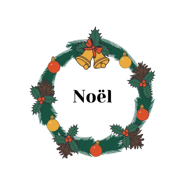 Couronne Noël Vintage Avec Cônes Boules Feuilles Houx Isolé Sur — Image vectorielle