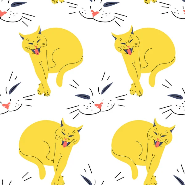 Seamless pattern with funny colorful cartoon cats. On white background — Stock Vector