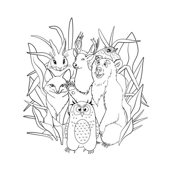 Página Para Colorear Para Niños Con Lindos Animales Del Bosque — Vector de stock