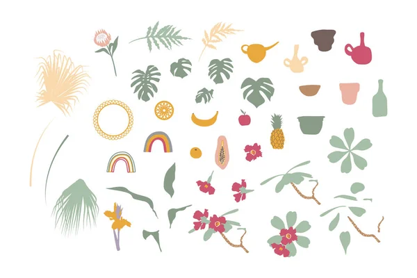 Ensemble Plantes Maison Tropicales Boho Des Objets Décoration Maison Illustration — Image vectorielle