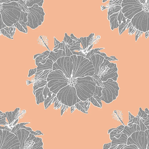Цветочный Бесшовный Узор Ручным Рисунком Серых Цветов Гибискуса Розовом Фоне — стоковый вектор