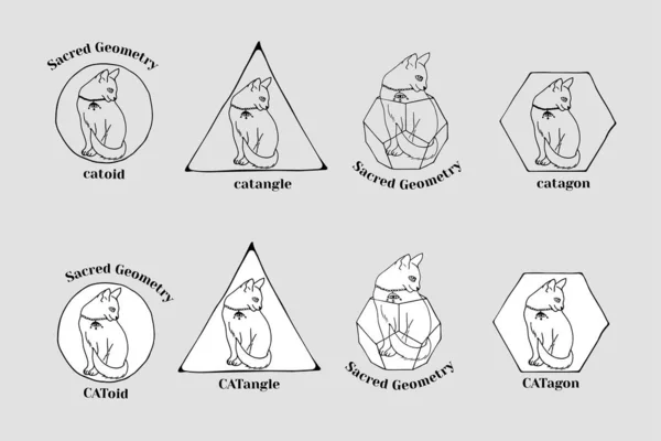 Conjunto de linha desenhada à mão arte gato dentro de figuras geométricas. Clitóris místicos com comichão. — Vetor de Stock