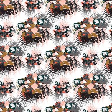 Çiçeksiz desenli tropikal çiçekler ve yapraklar..