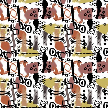 Beyaz arkaplanda el çizimi şekilleri olan soyut, tuhaf, pürüzsüz desen