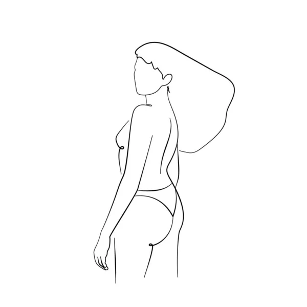 Desenho de uma única linha de uma mulher de pé em underware de volta. Isolado sobre fundo branco. — Vetor de Stock