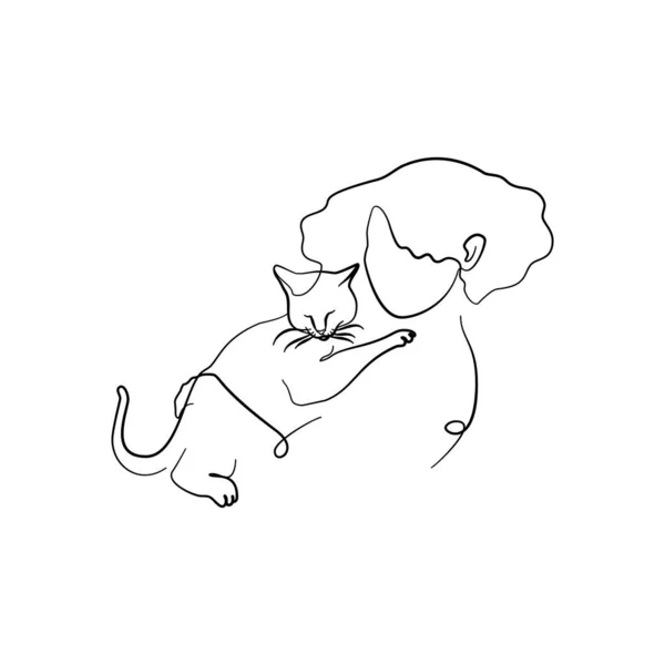 Single line drawing of a woman with a cat. Isolated on white background. — Stock Vector