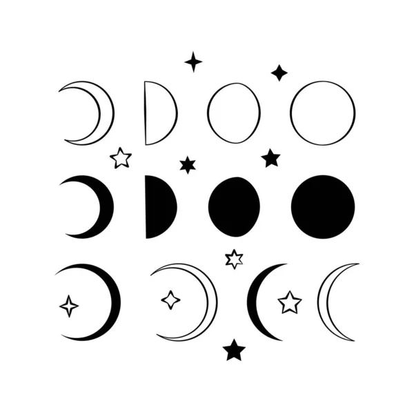 Siluet ve çizgi çizgisi, ay evreleri ve yıldızlar. Beyaz arkaplanda izole — Stok Vektör