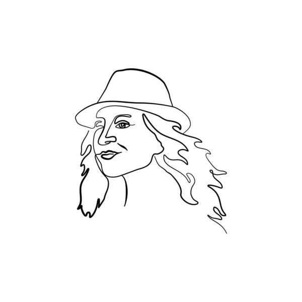 Dibujo de una sola línea de una mujer en un retrato de sombrero. Aislado sobre fondo blanco — Vector de stock