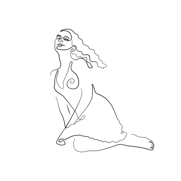 Oturan seksi elbiseli bir kadının tek sıra çizimi. Beyaz arkaplanda izole. — Stok Vektör