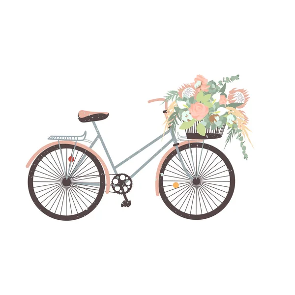 Bicicleta de boda boho pastel dibujado a mano legante con un ramo de flores en la cesta. Aislado sobre fondo blanco. — Vector de stock