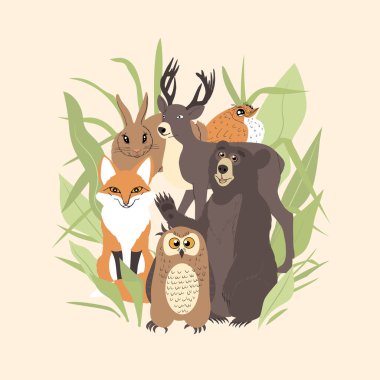 Komik orman hayvanları grubu ve arkasında yeşillik olan tebrik kartı. Beyaz arkaplanda izole.