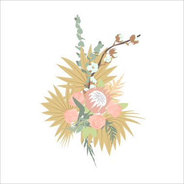 Zarif el çizimi pastel boho düğün buketi. Beyaz arkaplanda izole. 