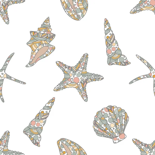 Motif sans couture dans un style d'art zen avec des coquilles de conque et des côtes sur blanc — Image vectorielle
