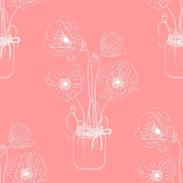 Монохромный цветочный бесшовный узор с нарисованными вручную маковыми цветами внутри кувшина на розовом фоне. Вектор запаса — стоковый вектор