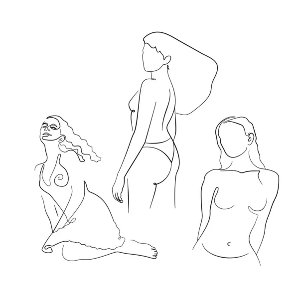 Conjunto de dibujos de una sola línea de sexys mujeres de pelo largo retratos, sentado, de pie. Aislado sobre fondo blanco. — Vector de stock