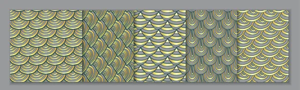 Beş adet geleneksel Japon dalga tepesi, pürüzsüz desenler, gri ve altın rengi. Geometrik minimal karalama tekrarlama desenleri — Stok Vektör