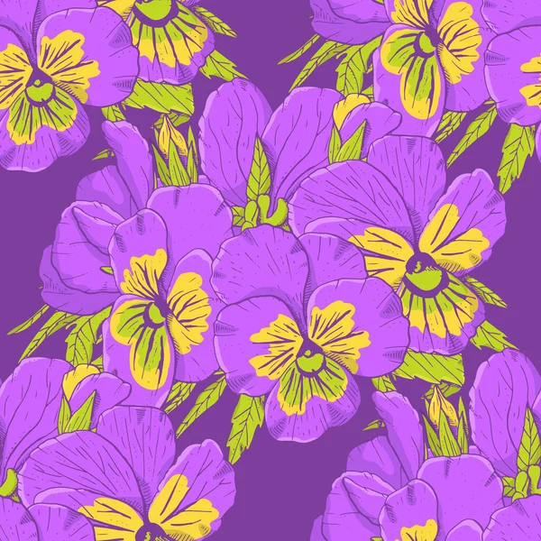 Motif floral sans couture coloré avec des fleurs pansées dessinées à la main sur fond violet. Vecteur de stock — Image vectorielle