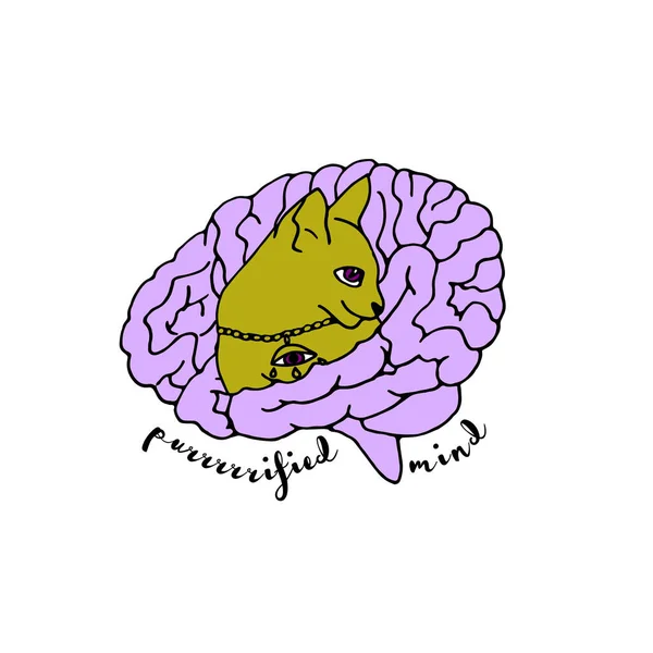 Silhouette de chat à l'intérieur du cerveau avec texte esprit purifié. Illustration magique sorcière — Image vectorielle