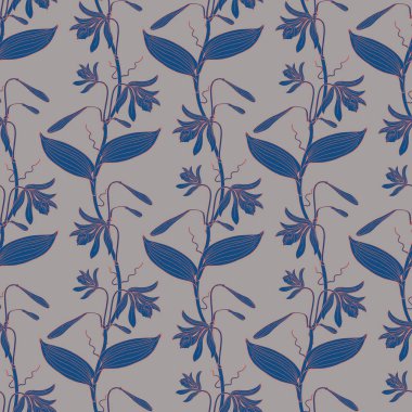 Gri arka planda mavi Vannilla orkidesi çiçekleri çizilmiş renksiz çiçek deseni. Stok vektörü