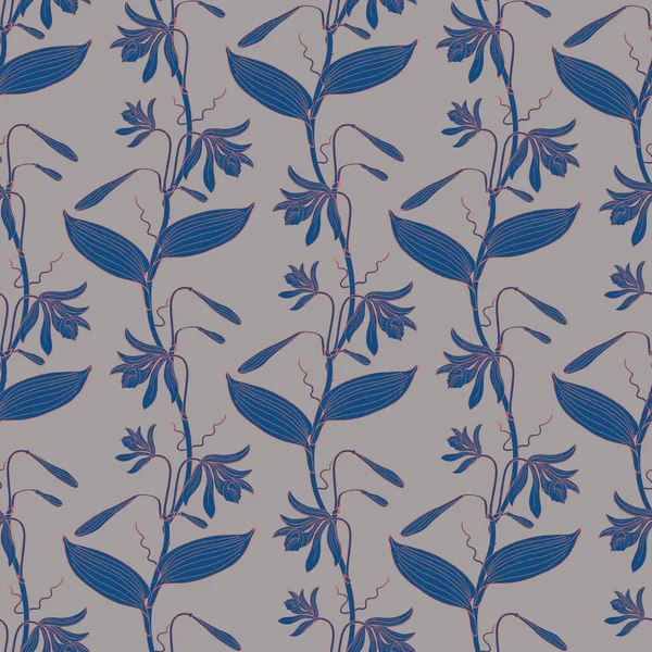 Gri arka planda mavi Vannilla orkidesi çiçekleri çizilmiş renksiz çiçek deseni. Stok vektörü