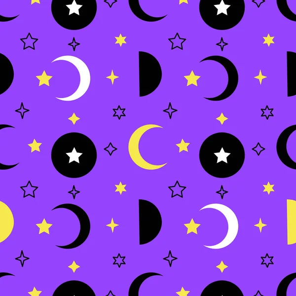 Siyah, beyaz ve sarı ay ve mor arkaplanda yıldızlar ile renksiz desen — Stok Vektör