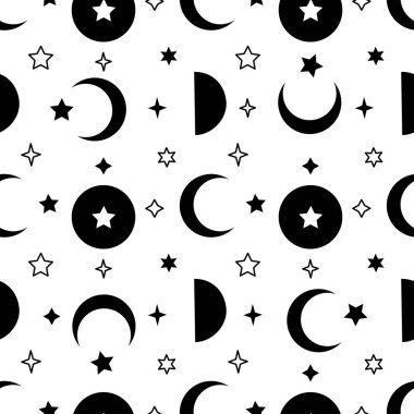 Siyah ve beyaz ay ve beyaz arkaplanda yıldızlar olan tek renkli ve pürüzsüz desen