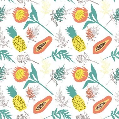 Tropik çiçekler, yapraklar ve meyvelerle kusursuz desen.