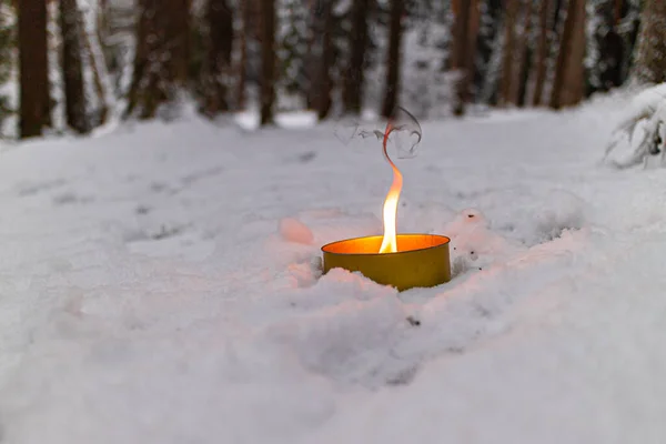 Большая свеча зажжена снегом. Зимний лес природный фон. Концепция пути — стоковое фото