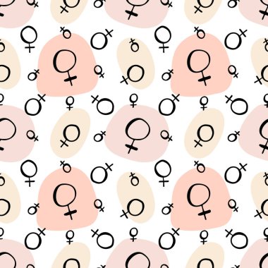 Karalama stili siyah mürekkep gezegen Venüs işareti ve pembe nötr renklerde geometrik şekiller.