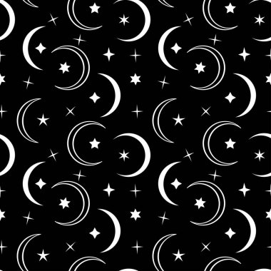 Ay ve yıldızların siyah arka planda olduğu tek renkli, pürüzsüz bir desen. Stok vektör illüstrasyonu.