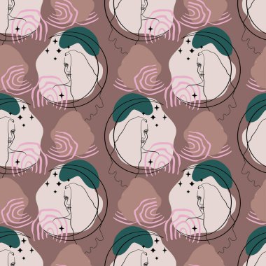 Kusursuz desen, tek çizgili kadın portresi ile ay ve soyut geometrik nötr şekilli yıldızlar. Burgonya arkaplanı. Stok vektör illüstrasyonu.