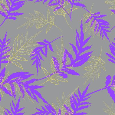 Mor ve sarı tropikal eğreltiotu yapraklarıyla kusursuz bir desen. Botanik yaz dokusu. 