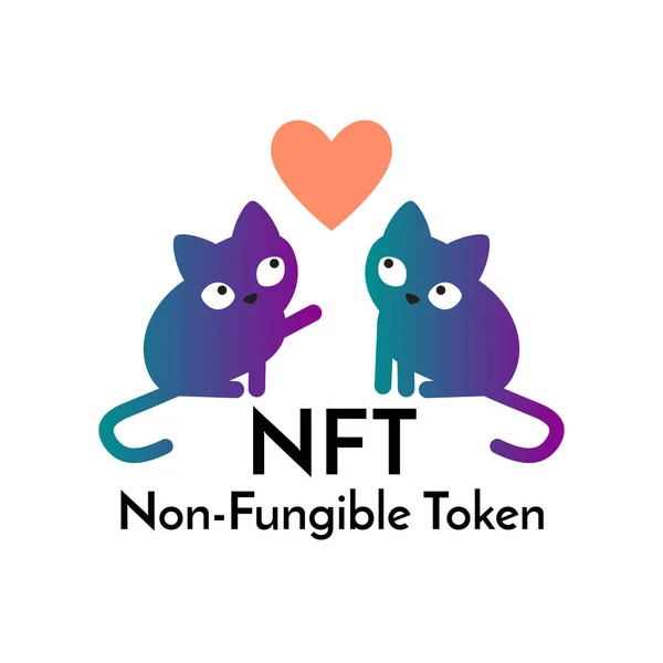 Χαριτωμένη γάτα και κείμενο μη ανταλλάξιμο σύμβολο NFT. Απομονωμένα σε λευκό φόντο. — Διανυσματικό Αρχείο
