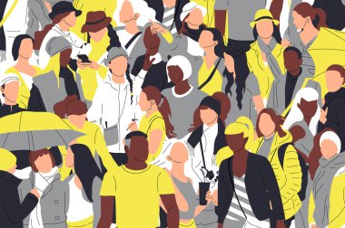 Çok uluslu, çok kültürlü insanlardan oluşan bir kalabalık. Gri ve sarı.