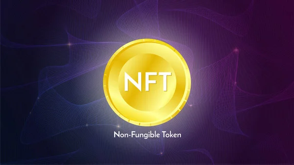 Nft ödenebilir olmayan altın sikke fütüristik neon arkaplan üzerinde jeton metin, kripto para birimi afişi
