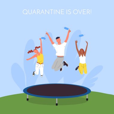 Zıplayan gülümseyen genç insanlar kalabalığı. Bir grup aktif kadın ve erkek. Beyaz arka planda izole edilmiş. Düz biçim vektörü.