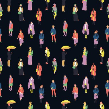 Sıcak kıyafetler içinde yürüyen ve ayakta duran pek çok insanın siluetleriyle renksiz desenler..