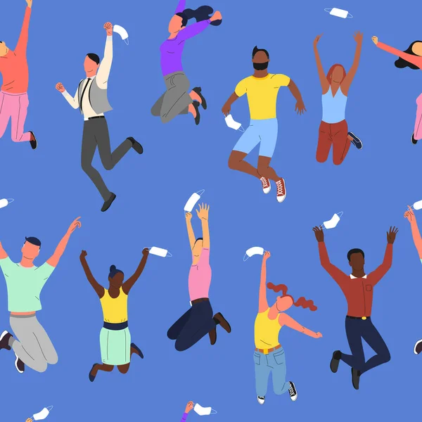 Zıplayan genç, mutlu, çok uluslu farklı insanlardan oluşan kalabalıkla kusursuz bir düzen. Yüz maskelerini çıkarıyorlar..