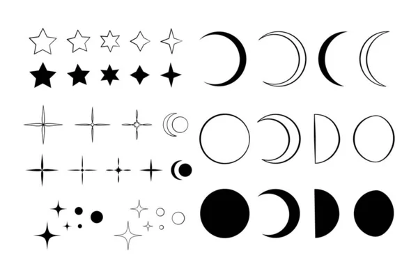 Conjunto de arte de línea negra y siluetas de estrellas, lunas y semilunas. — Vector de stock